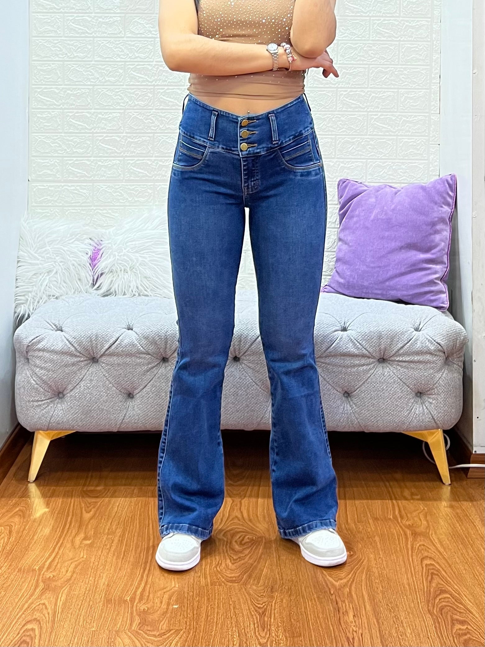 Jean Acampanado de botones Azul B – blu Jeans - Main Image