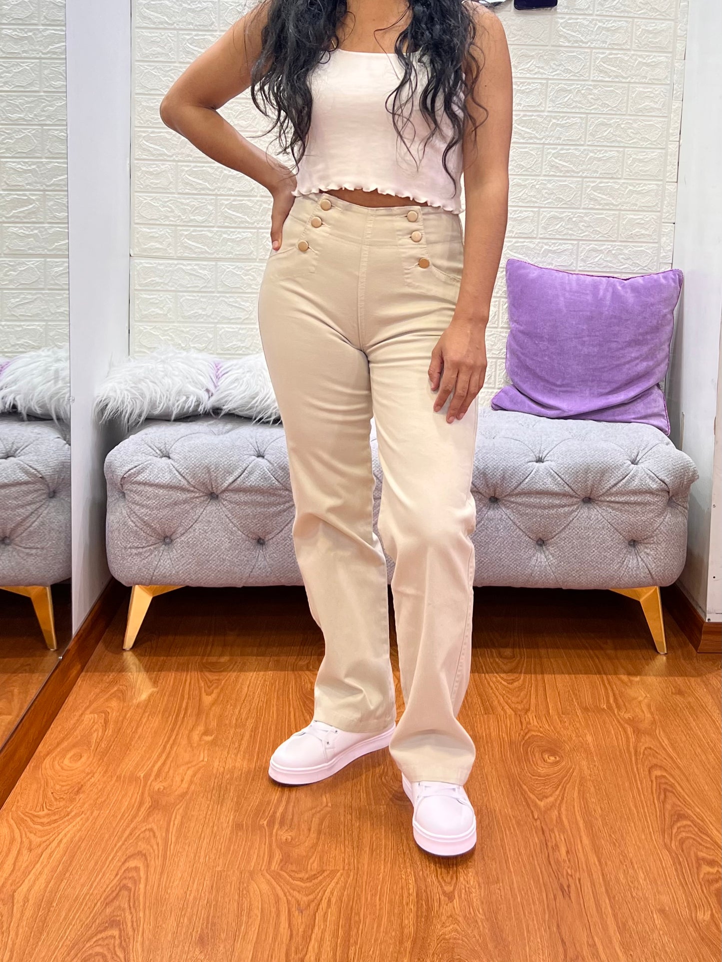 Pantalón Tipo Pana Con Botones Vainilla