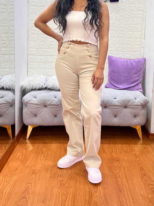 Pantalón Tipo Pana Con Botones Vainilla